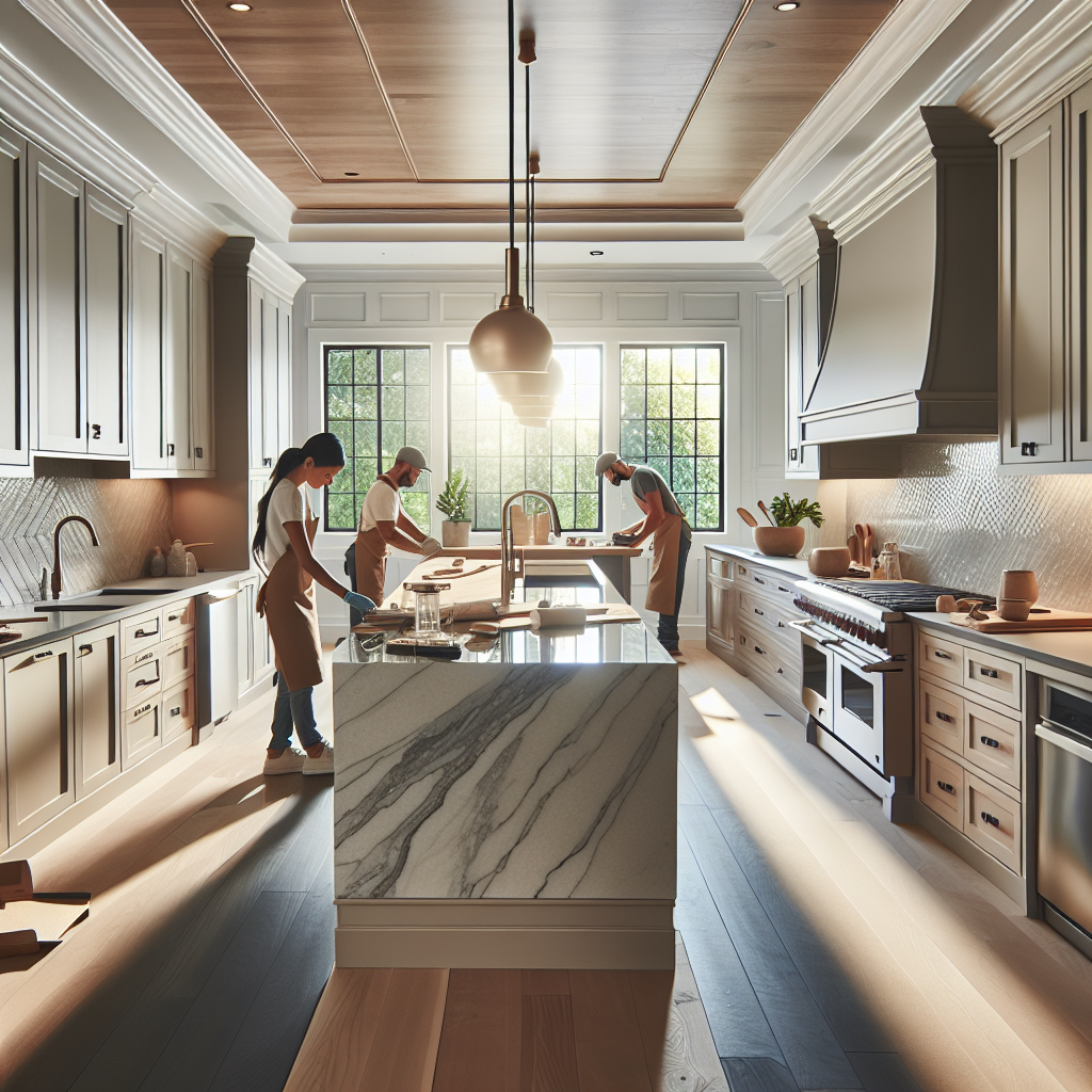 Premium kitchen remodeling project with beautiful custom cabinetry and modern island with quartz countertops